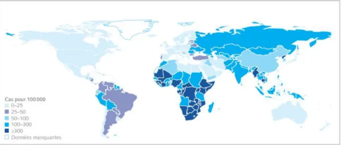 Figure 4.1  – Incidences estimées de la tuberculose par pays en 2010. 