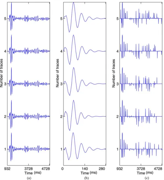 Fig. 21. (a) Real data (traces 402 to 406). (b) Estimated wavelet by SEM + P. (c) Estimated reflectivity by (SEM + P) + MPM.