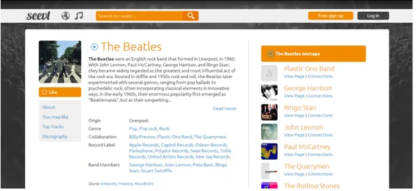 Figure 3.9: The Beatles page in Seevl, a DBpedia-powered discovery platform