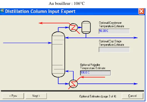 Figure VIII.13 : Estimation de la température  Presser le bouton Next pour avancer à la dernière page  Liquid rate (Distillat) → Spécification: 1558.1358kmol/h  Reflux → Approximation: = 2.2 