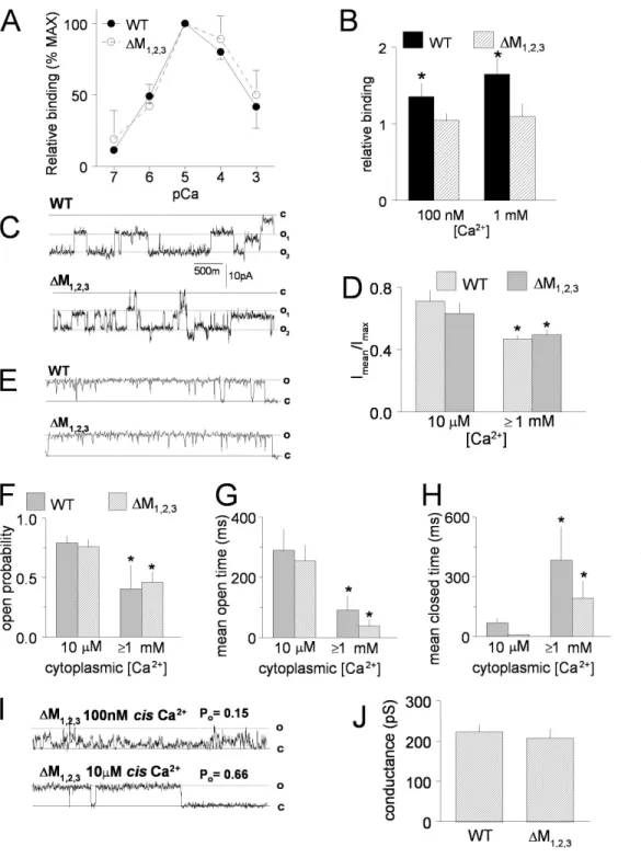 Figure 5. Properties of puri- puri-fi ed WT RyR1 and  ∆ M 1,2,3 channels expressed in HEK293  cells