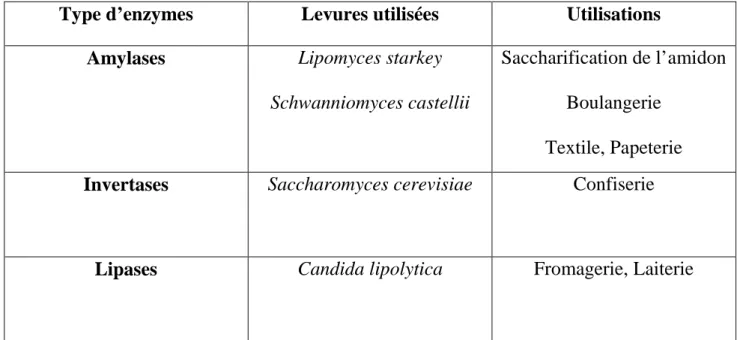 Tableau  №  02  :  Production et utilisation de certaines enzymes levuriennes  (COFALEC, 2006)