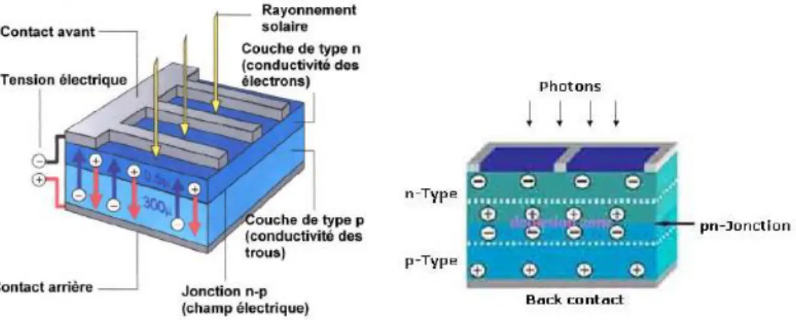 Figure 3 : Jonction P-N dans une cellule photovoltaïque [9]. 