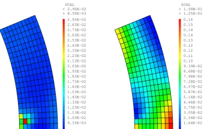 Figure 7 – Error estimated by the ZZ estimator (at left) and error between the finite element solution and the reference solution (at right) (mesh size : 109 µ m)