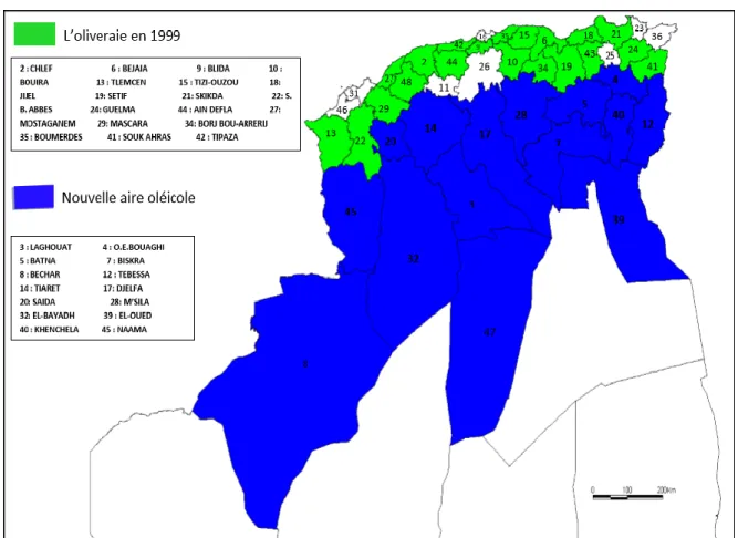 Figure 05: Carte oléicole d’Algérie (Source : Institut Technique des Arbres Fruitiers,  ITAF, 2008)