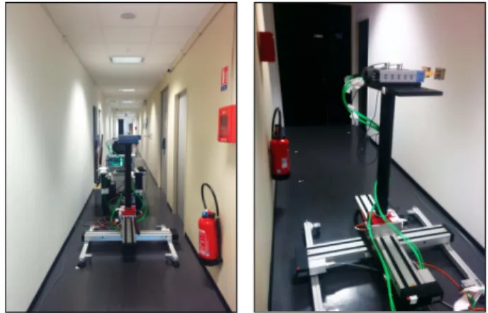 Fig. 2. Plan of the indoor corridor environment (top-left) and measurement set-up (right).