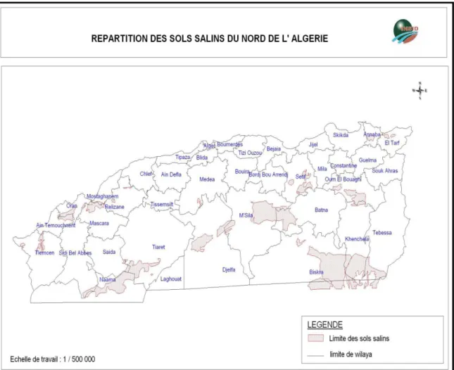Figure 1. Répartition des sols salins du Nord de l’Algérie (INSID, 2008) 