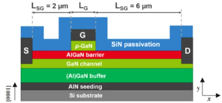 Fig. 1. Illustrative cross section plot (out of x-y scale) of the p-GaN gate HEMT considered in this study