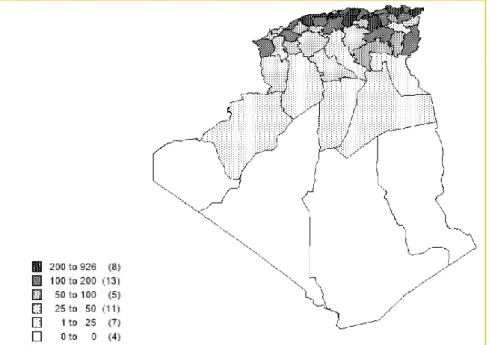 Figure  12 : Carte représentant la répartition de la production de miel en Algérie, en tonnes par  wilaya