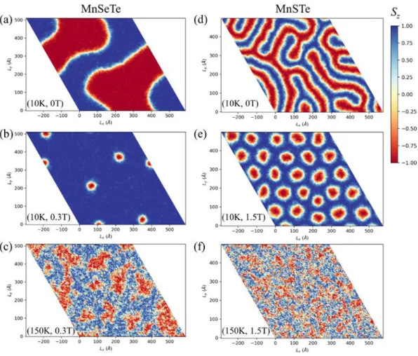 Figure 4. Spin textures for (a)-(c) MnSeTe and (d)-(f) MnSTe monolayers in real space