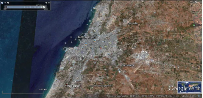 Figure  1 :  Position  de  la  wilaya  de  Mostaganem  dans  la  carte  du  nord  algérien  (Source :  Google Earth)