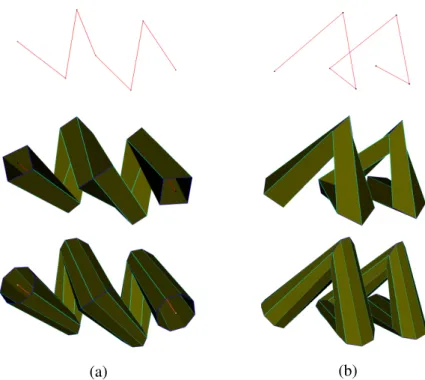 Figure 1.11: In a chain of articulations the scaffold might have a twisting behavior: (a) and (b) – different views of the same model; top row – the skeleton; middle row – the standard scaffold;