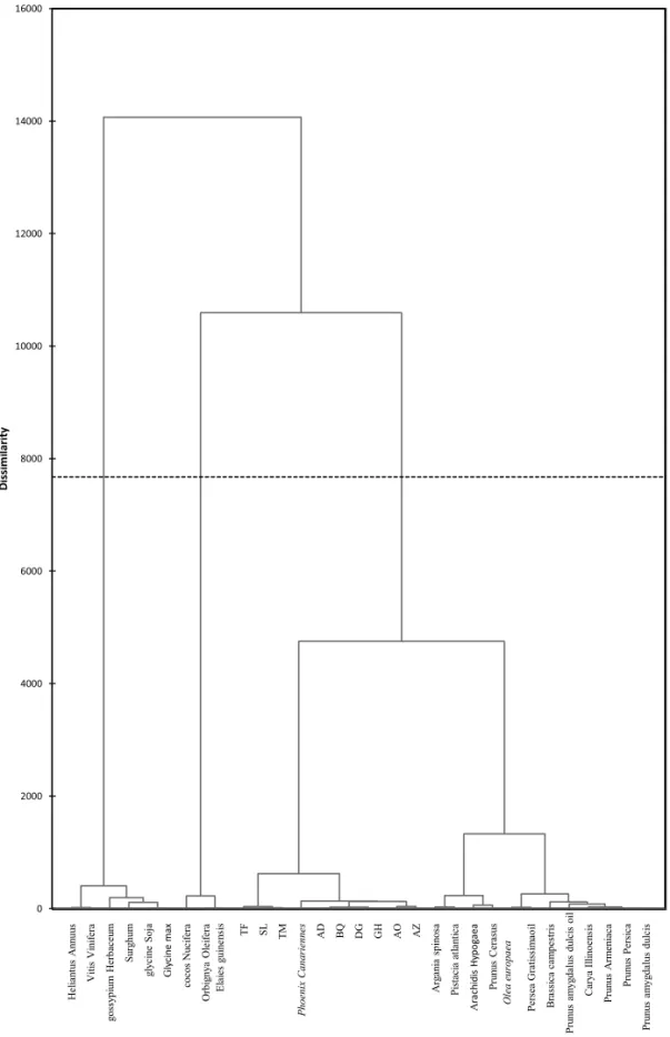 Fig. 1. Dendrogram obtained from the fatty acids cluster analysis of the nine studied Date seeds and 22 different plants oils.