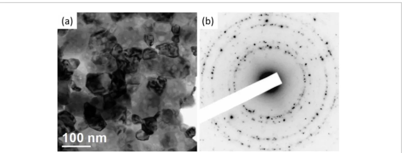 Figure 5.  Bright field TEM image (a) and SAED (b) of Cu-8 powder calcinated at 900 °C.