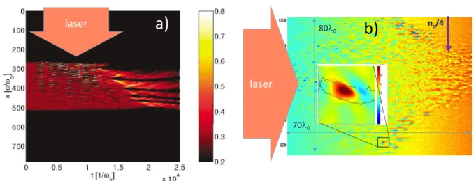 Figure 6. (a) Plasma density evolution and cavity formation driven by SBS in a layer of homogeneous underdense plasma