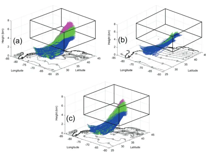 Fig. 3. Back trajectories from the core of ascending motion at t = 24 h at mid-levels (the ‘release volume’ in black) in (a) the CNTL, (b) the SMTH and (c) the COOL experiments