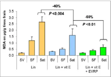 Figure 3 : Effet des antioxydants alimentaires vitamine E et extraits végétaux riches en polyphénols (EVRP) sur  l’intensité de la lipoperoxydation du muscle Semi-tendinosus maturé 12 jours en carcasse puis conservé 14 jours  sous-vide (SV) ou 4 jours sous