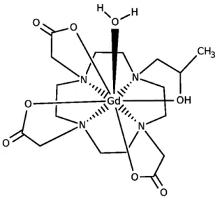 FIG. 1. A schematic picture of gadolinium 1,4,7-tris(carboxymethyl)-10-(2’-hydroxypropyl)- 1,4,7-tris(carboxymethyl)-10-(2’-hydroxypropyl)-1,4,7,10-tetraazacyclo-dodecane[Gd(III)(HPDO3A)(H 2 O)] contrast agent showing the 9-fold  co-ordination around the G