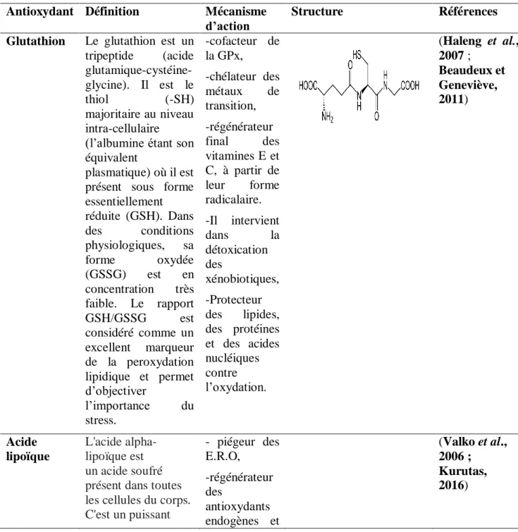 Tableau 04. Systèmes antioxydants endogènes et leurs fonctions  Antioxydant   Définition  Mécanisme 