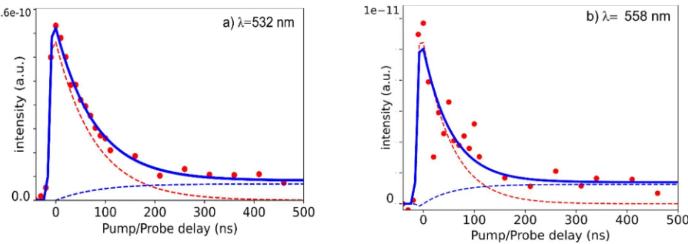 Figure 6 : a) Decay of CuTPP pumped at 532 nm and probed with 193 nm as a function of pump/probe delay