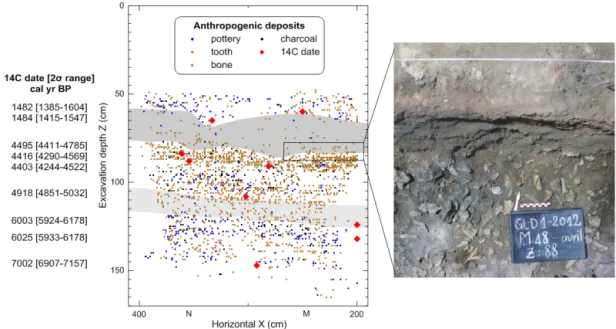 Figure 6. Radiocarbon dating of anthropogenic deposits layers in excavation sector S2 inside the Gueldaman GLD1 Cave