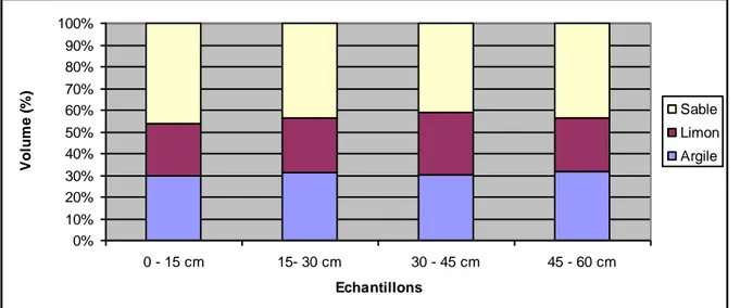 Figure 3.1 - Distribution granulométrique sur le site expérimental  à différentes profondeurs 