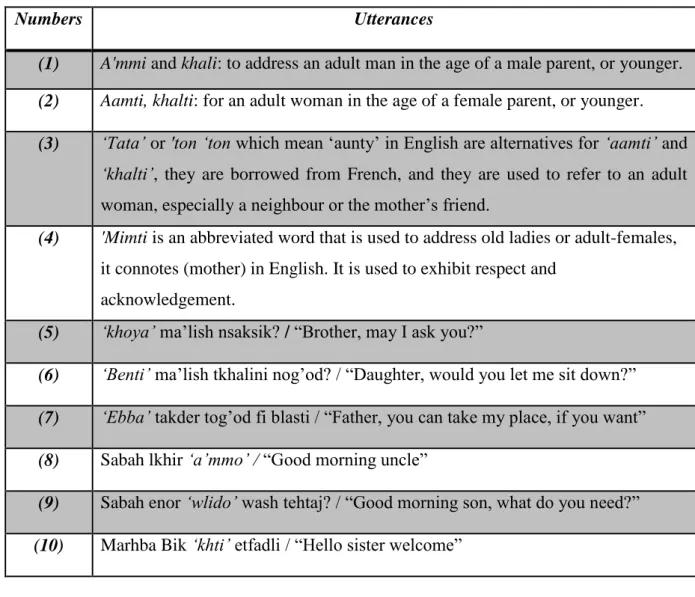 Table 11. Utterances Used by the Algerian Citizens to Address Non Relatives