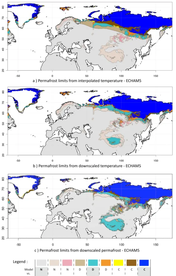 Fig. 3. CTRL permafrost comparison between ECHAM5 and the IPA/FGDC permafrost index. (a) Is obtained with a bilinear interpolation of temperatures and the RV conditions to derive permafrost