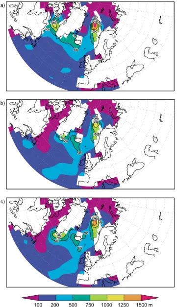 Figure 7. Simulated 9 ka February mixed layer depth (m) for (a) ORBGHG, (b) OGMELT, and (c) OGMELTICE.