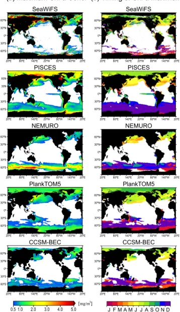 Fig. 2. (a) Distribution of the annual maximum of surface Chl a concentration (i.e., magnitude of blooms)