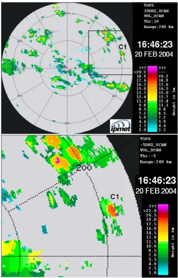Fig. 2. O1. Radar image of echo top altitude (10 dBZ radar re- re-flectivity threshold) observed at the time when the particles were observed
