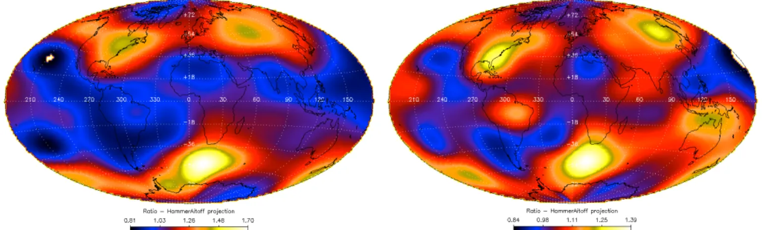 Fig. 10. Left panel: ratio of the incident proton flux integrated over the entire energy range (< 1 TeV) which were injected at 75 km altitude in  the frame of two filtering technics of incoming GCRs: the new map obtained using MASHcode filtering is div