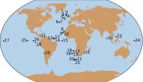 Figure 2. Map of selected marine sediment core locations. The numbers corresponding to each core are documented in Table 1.