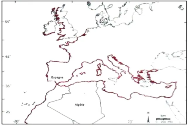 Figure 03 : Distribution géographique (en rouge) de l’oursin Paracentrotus lividus. 