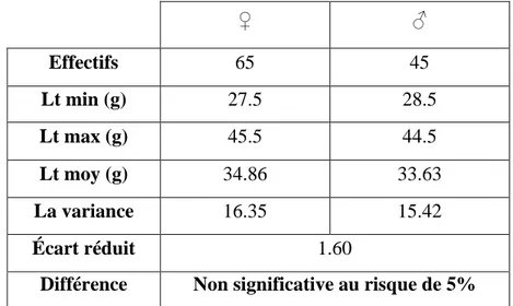 Tableau III.4. Comparaison des tailles moyennes par sexe chez l’Auxis rochei 