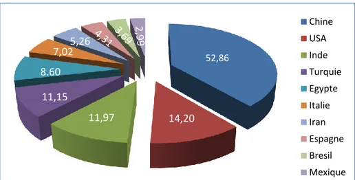 Figure 02 : Production en million de tonnes  des principaux pays producteurs de la tomate  dans le monde (FAOSTAT, 2013) 