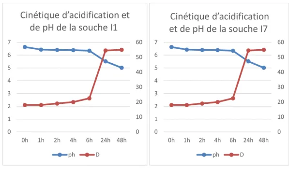 Figure n° 05: cinétique d’acidification et                          Figure n°06: cinétique d’acidification  de pH de la souche I1                                                         et de pH de la souche I7 0102030405060012345670h1h2h4h6h 24h 48hCinéti