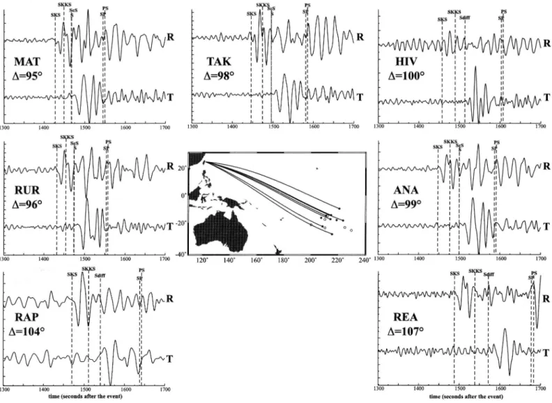 Fig. 3. Horizontal radial (R) and transverse (T) seismograms related to the Taiwan event (31 March 2002 at 06:52:50.4, lat = 24.279°N, long =  122.180°E, depth = 32 km, Mb = 6.2, MS = 7.4) are shown