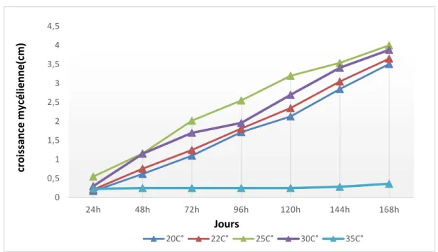 Figure 17 : Influence des températures sur la croissance mycélienne (cm) de Fusarium sp1  