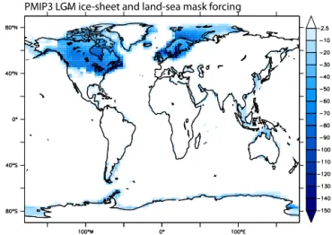 Figure 6. Estimation of the difference in radiative forcing (W m −2 ) at the LGM compared with pre-industrial conditions caused by  im-position of the CMIP5/PMIP3 ice sheet and the change in the land–