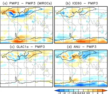 Figure 8. Change in mean annual temperature ( ◦ C) in the (a) PMIP2 and (b) CMIP5/PMIP3 coupled ocean–atmosphere  sim-ulations