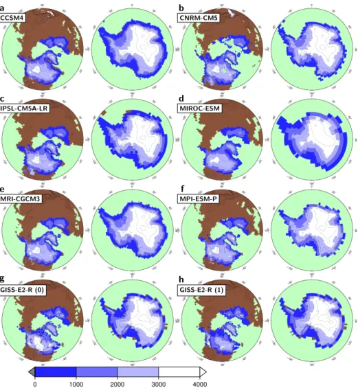 Figure 9. Implementation of the CMIP5/PMIP3 composite ice sheet in individual models. The plots show the surface elevation (m) as implemented in each model, and thus reveal that there are small differences in the prescribed ice sheet between models because