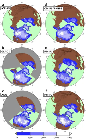 Figure 1. Surface elevation (m) at the Last Glacial Maximum (LGM) Northern Hemisphere ice sheets from the (a) ICE-6G v.2, (b) GLAC-1a and (c) ANU reconstructions, and for the (d) CMIP5/PMIP3 composite compared to the ice sheets used in (e) PMIP1 and (f) PM