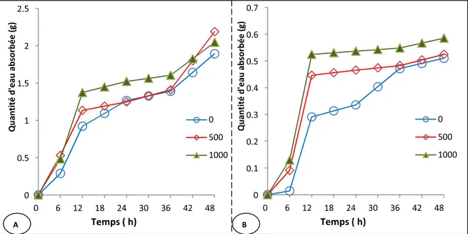 Figure n°12: l’évolution de l’imbibition des graines de la fève (Vicia faba) en (g) d’eau en fonction du temps (h) pour les trois traitements (0, 500 et 1000 ppm de Pb)