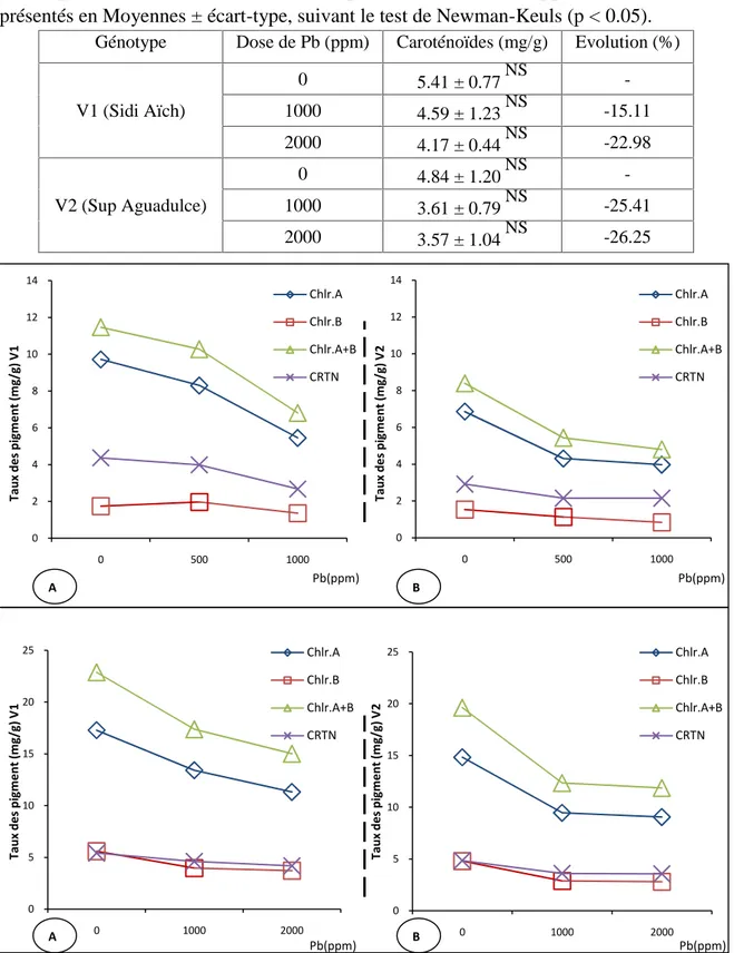 Tableau  n°21: Taux  des  caroténoïdes  en  mg/g  des  feuilles  des  deux  génotypes  de Vicia faba exposés  aux différents traitements de plomb (0, 1000 et 2000 ppm)