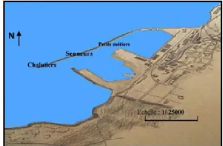 Figure 14 : Plan d’amarrage du port de Mostaganem  (Entreprise portuaire de Mostaganem, 2009)  III-3-2- Délimitation de la zone de pêche 