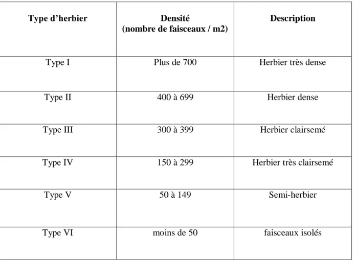 Tableau 2 : Classement des herbiers à Posidonia oceanica en fonction du nombre de faisceaux / m² (d’après  Giraud, 1977b)