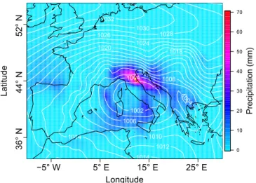 Figure 1. Sea level pressure and total precipitation on 6 Febru- Febru-ary 2015, when the coastal area of Ravenna (indicated by the yellow dot) was hit by a compound flooding.