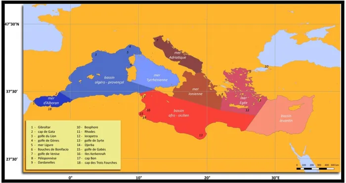 Figure 1: Carte du bassin méditerranéen avec et localisation des principaux sous-bassins  (Millot et Taupier-Letage, 2005).