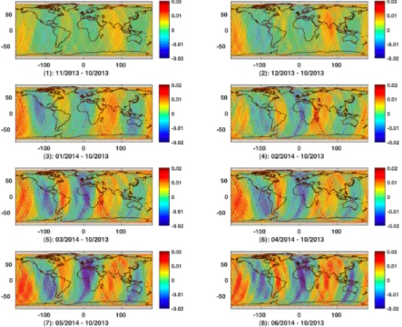 Figure 4.11 – Erreurs radiales géographiquement corrélées (en m) dues aux modèles mensuels EIGEN-GRGS.RL03V1 pour Saral sur 15 jours (Oct 2013 à Jun 2014).